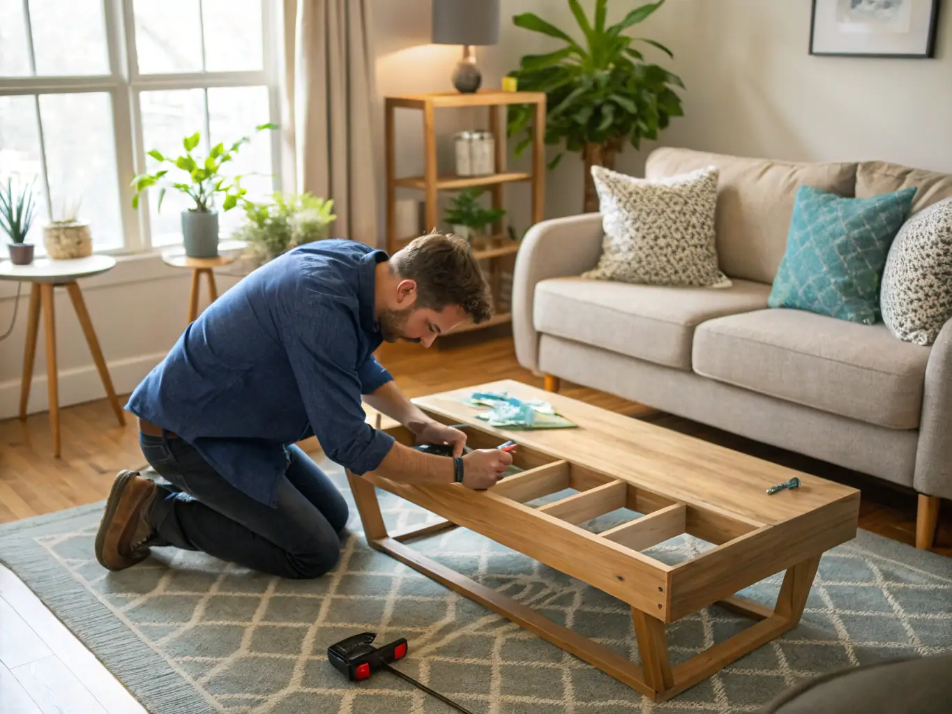 A handyman assembling furniture in a Houston apartment, demonstrating efficiency and attention to detail.
