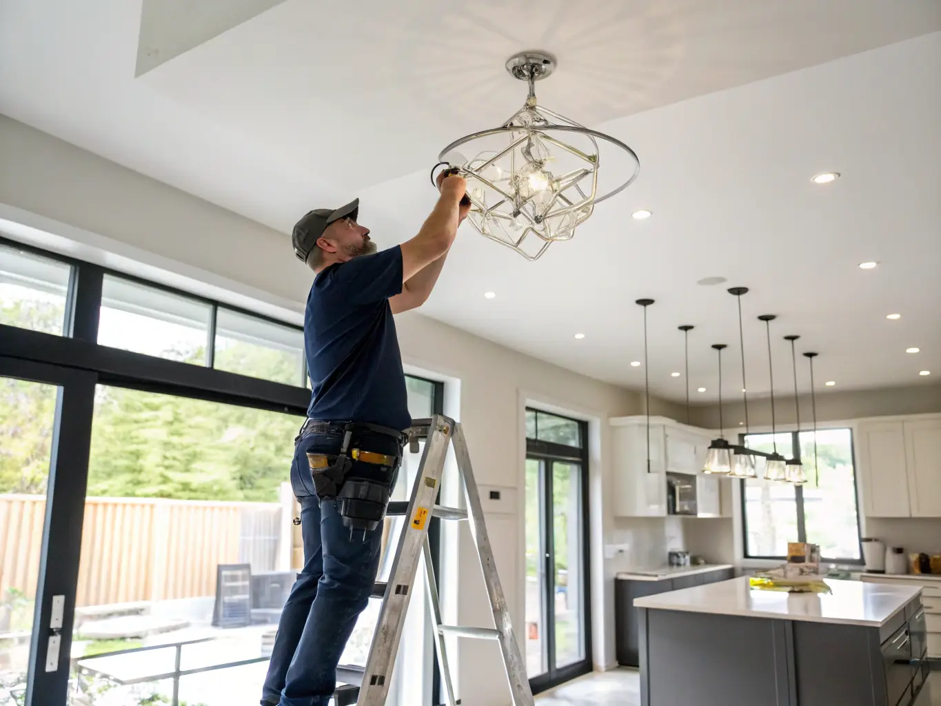 A handyman installing new light fixtures in a modern Houston kitchen, highlighting electrical expertise and safety.